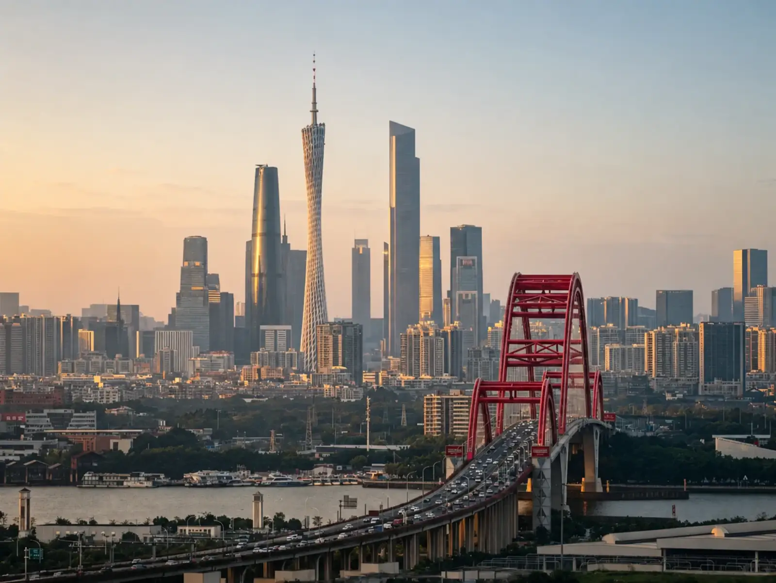 Guangzhou skyline, Canton Tower and the red arch bridge in warm evening light
