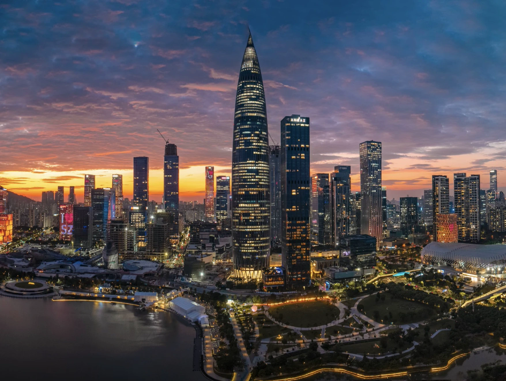 Shenzhen Nanshan skyline and China Resources Headquarters at sunset